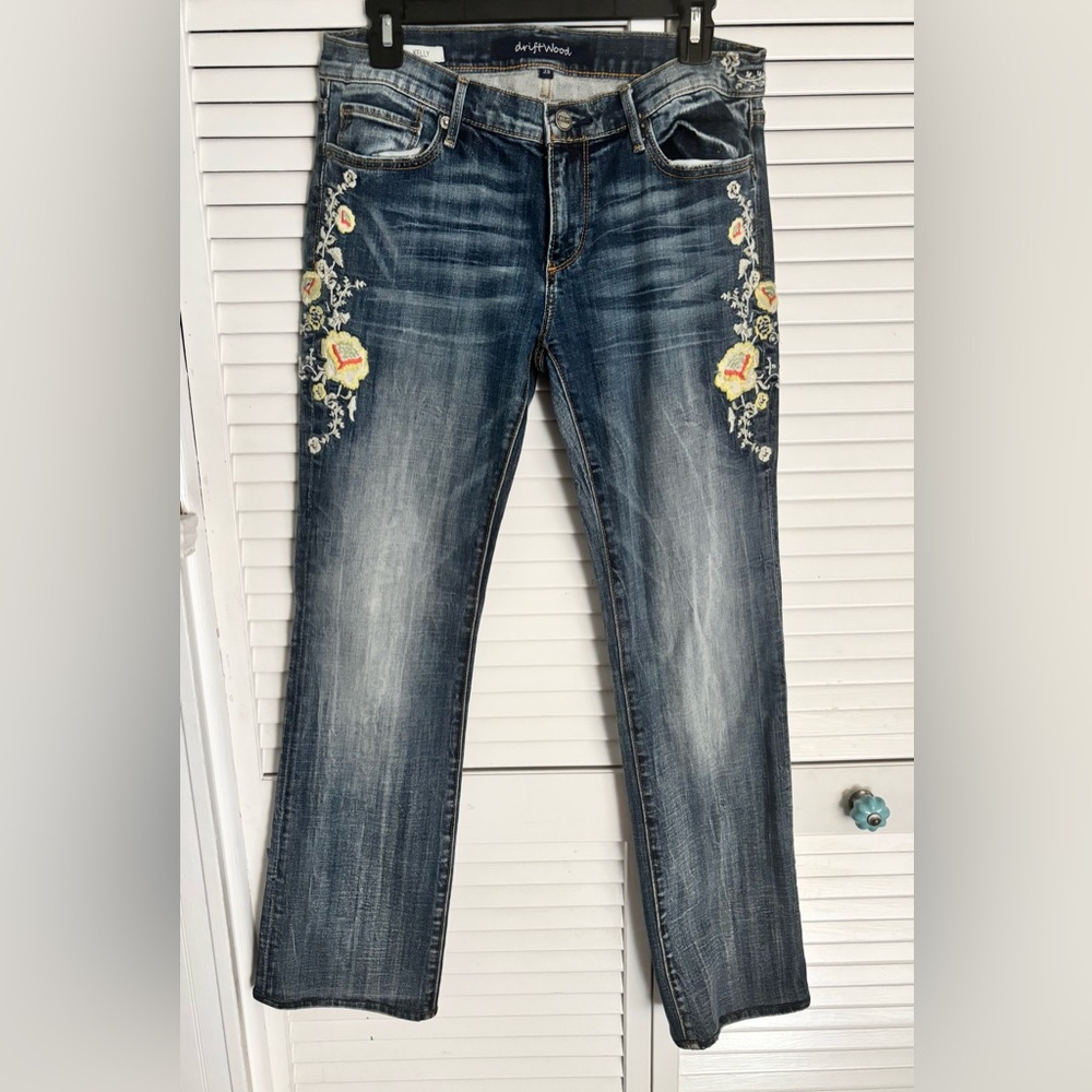 Driftwood Kelly Jeans Womens 28 Blue Embroidered Floral Bootcut Boho Denim